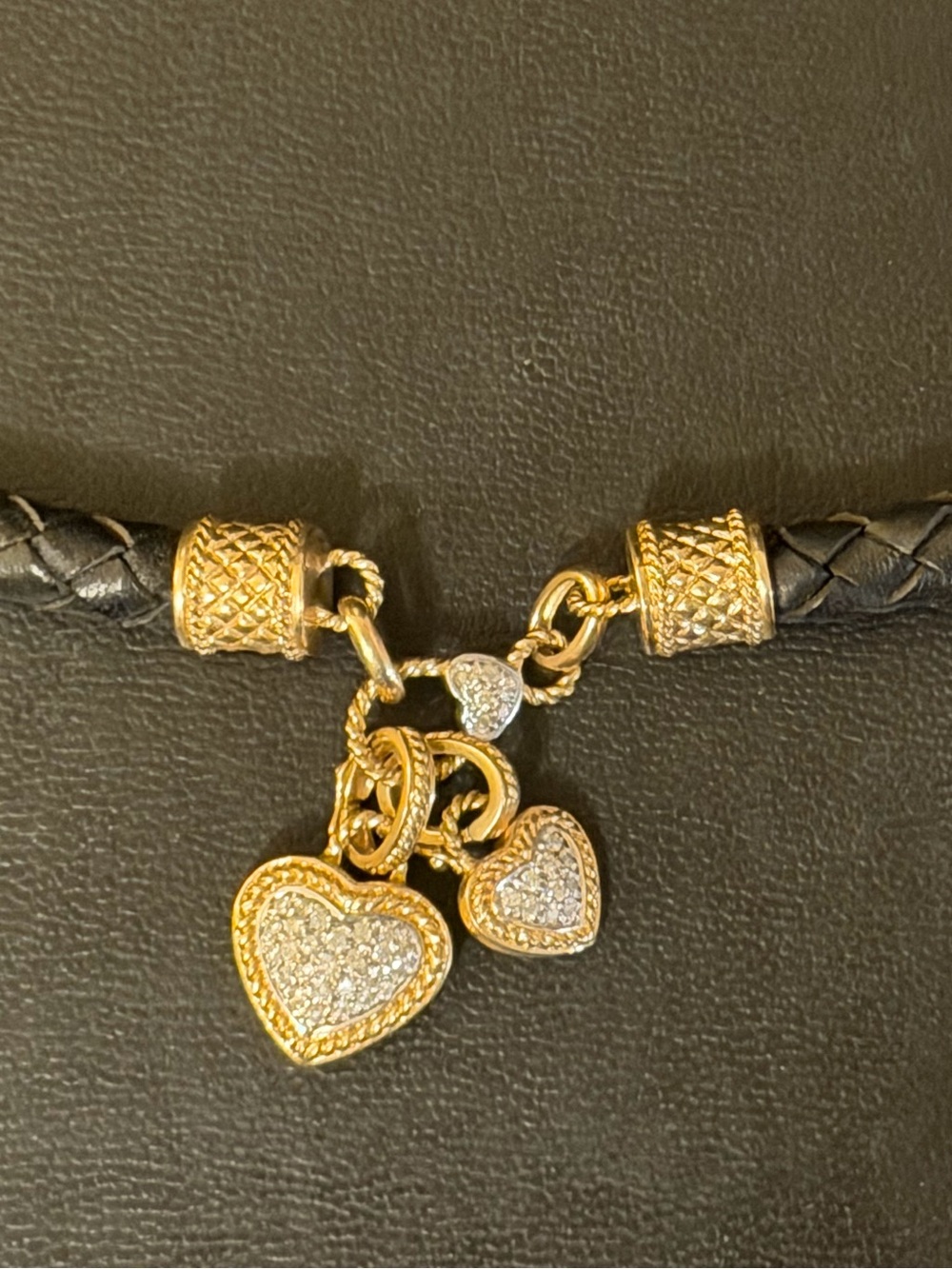 Designer Inspired Black Braided Leather Necklace 2 Pave Heart Charms 3 Pc